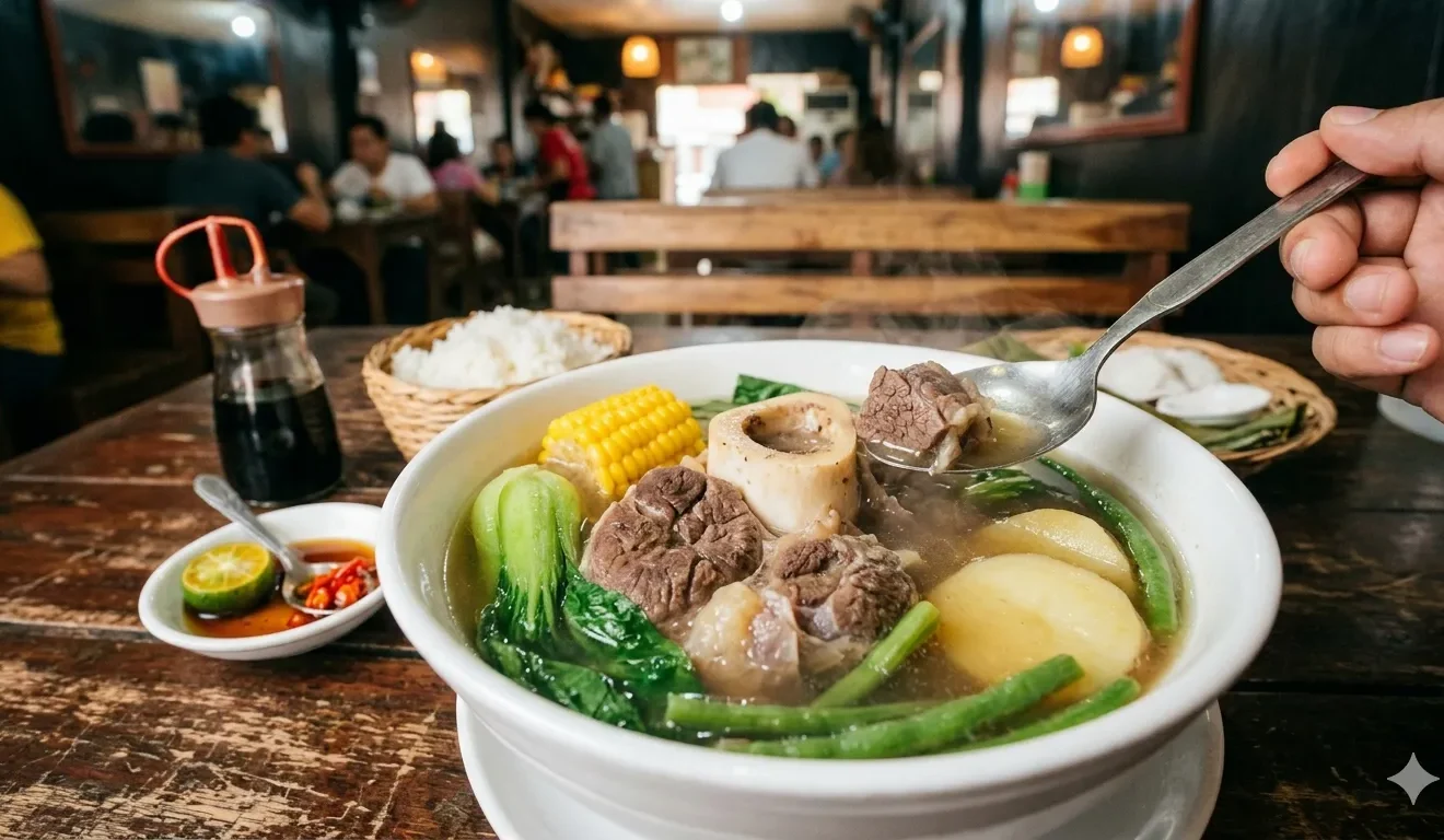 A steaming bowl of Filipino Beef Bulalo with bone marrow, corn, bok choy, green beans, and potatoes.