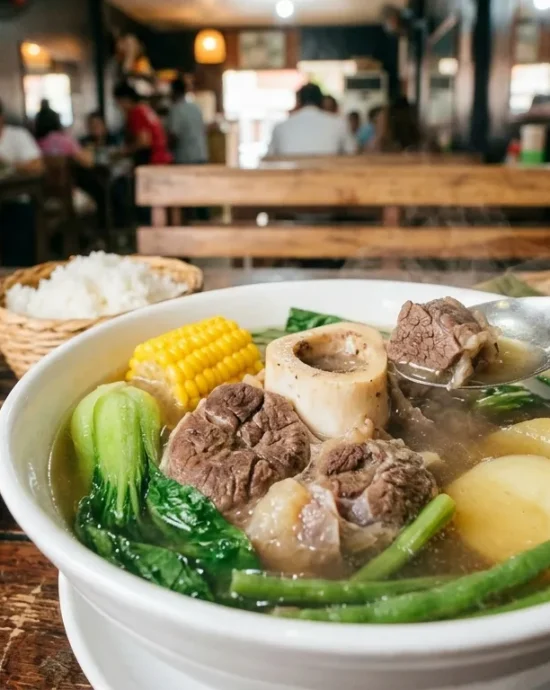 A steaming bowl of Filipino Beef Bulalo with bone marrow, corn, bok choy, green beans, and potatoes.