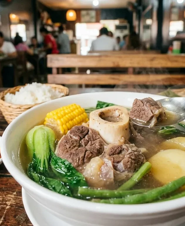 A steaming bowl of Filipino Beef Bulalo with bone marrow, corn, bok choy, green beans, and potatoes.