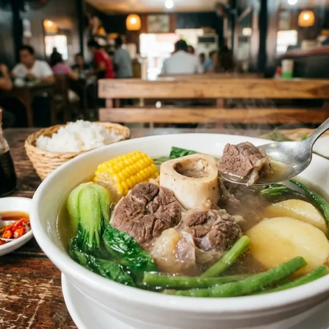 A steaming bowl of Filipino Beef Bulalo with bone marrow, corn, bok choy, green beans, and potatoes.