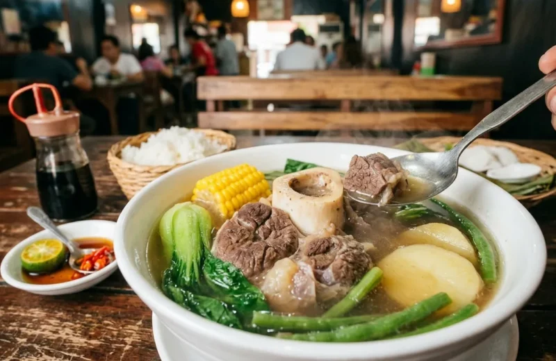 A steaming bowl of Filipino Beef Bulalo with bone marrow, corn, bok choy, green beans, and potatoes.