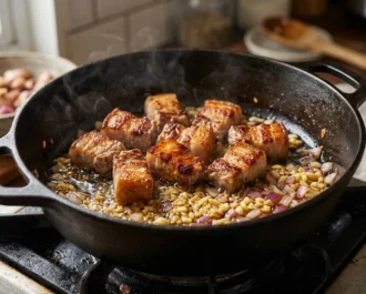 Estofadong Baboy - Searing the Pork and Aromatics